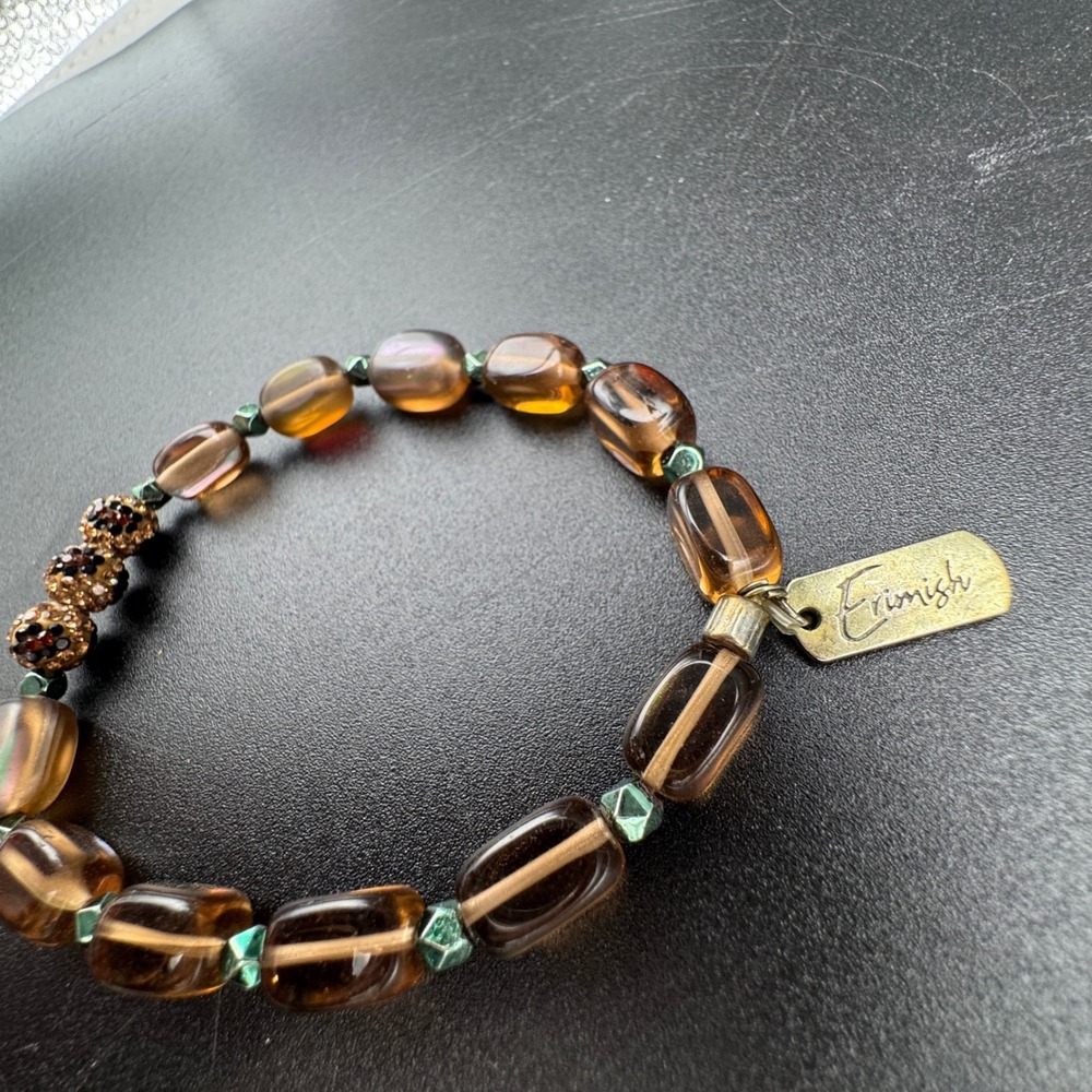 Erimish Amber Brown Iridescent Glass Bead Stretch‎ Bracelet Pave Crystal Accents